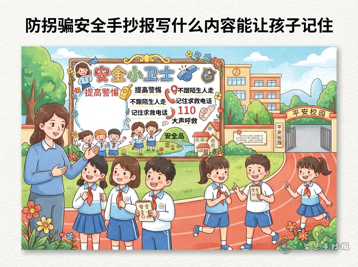 防拐骗安全手抄报写什么内容能让孩子记住 - 智慧手抄报专题封面图