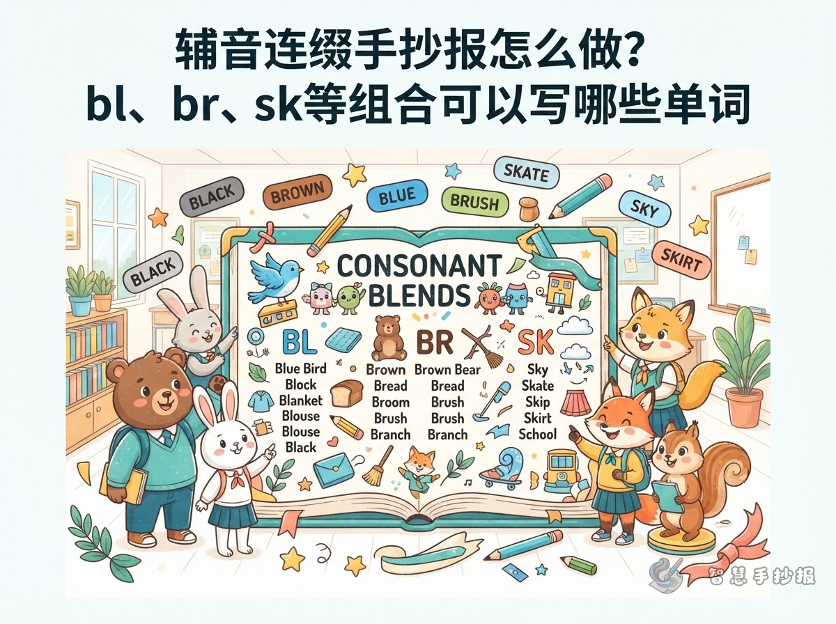 辅音连缀手抄报怎么做？bl、br、sk等组合可以写哪些单词 - 智慧手抄报专题封面图