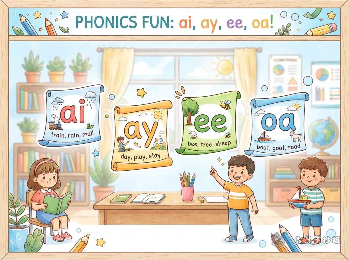 ai、ay、ee、oa这些元音组合手抄报怎么写？例词和版面这样安排 - 智慧手抄报专题封面图