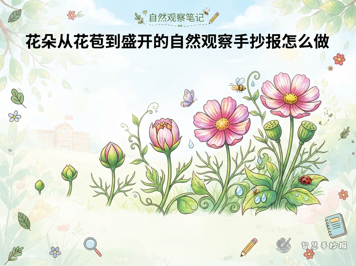 花朵从花苞到盛开的自然观察手抄报怎么做 - 智慧手抄报专题封面图