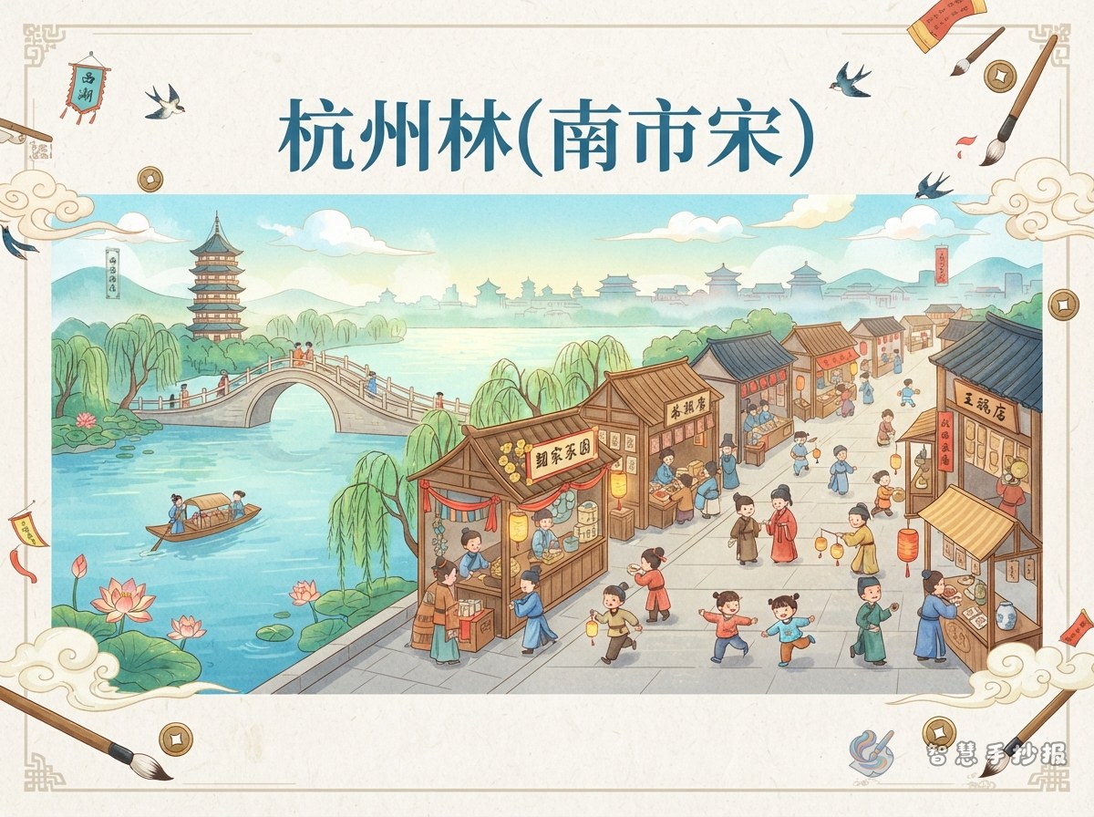 杭州南宋临安手抄报怎样表现西湖与市井生活 - 智慧手抄报专题封面图