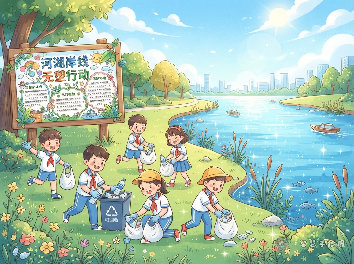 河湖岸线无塑行动手抄报怎么画更醒目 - 智慧手抄报专题封面图