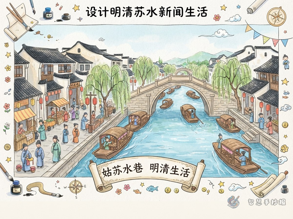 明清姑苏水巷生活手抄报怎么设计版面和栏目 - 智慧手抄报专题封面图