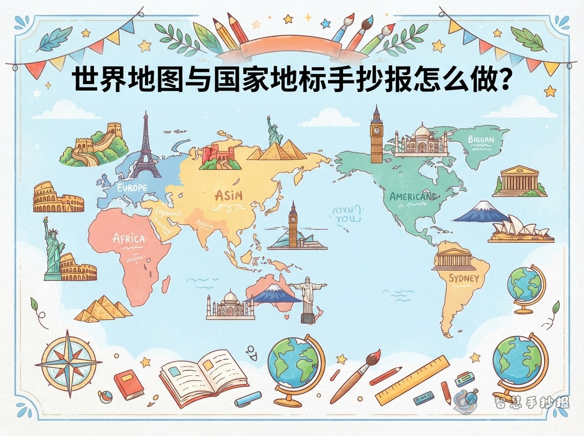 世界之最地标手抄报怎么做？世界地图与国家地标素材排版 - Poster topic cover image