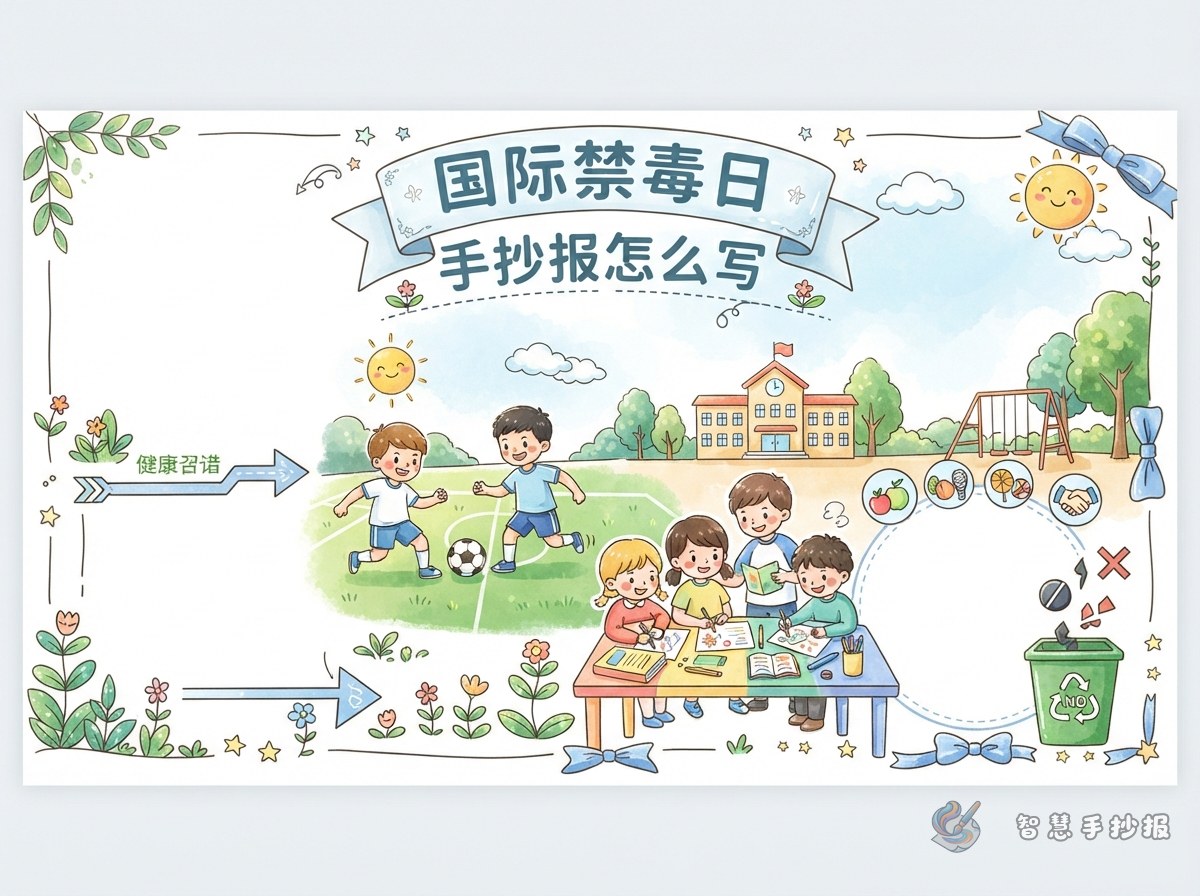 6月26日国际禁毒日手抄报怎么写，栏目和标语怎么安排 - 智慧手抄报专题封面图