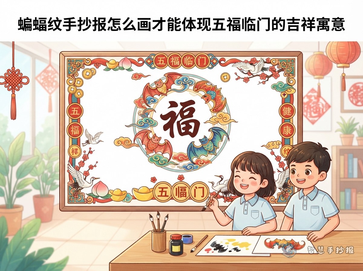 蝙蝠纹手抄报怎么画才能体现五福临门的吉祥寓意 - 智慧手抄报专题封面图