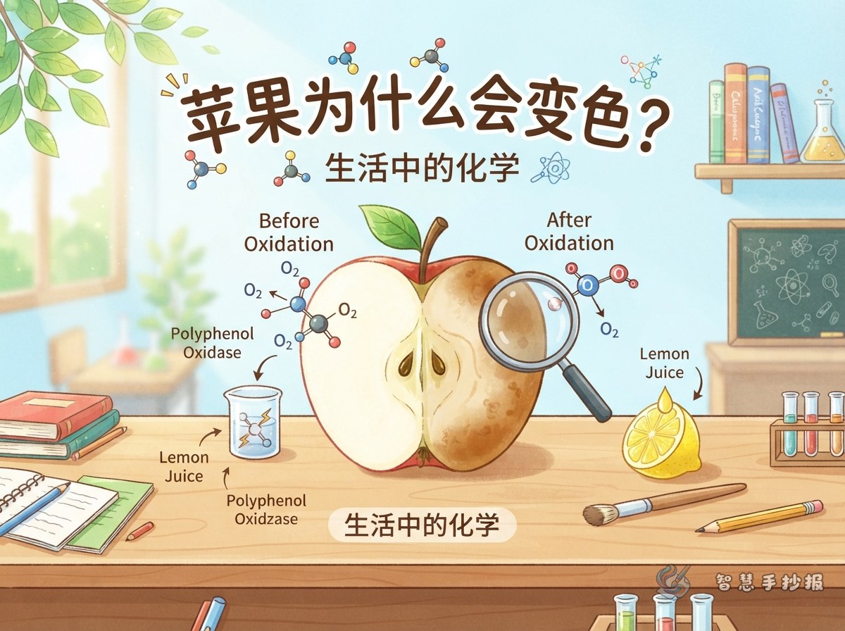 苹果为什么会变色？生活化学手抄报怎么做 - 智慧手抄报专题封面图