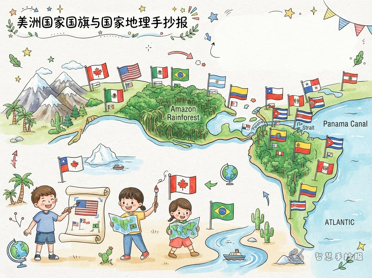 美洲国家国旗手抄报怎么画？用雨林、雪山和海峡串联国家地理 - 智慧手抄报专题封面图