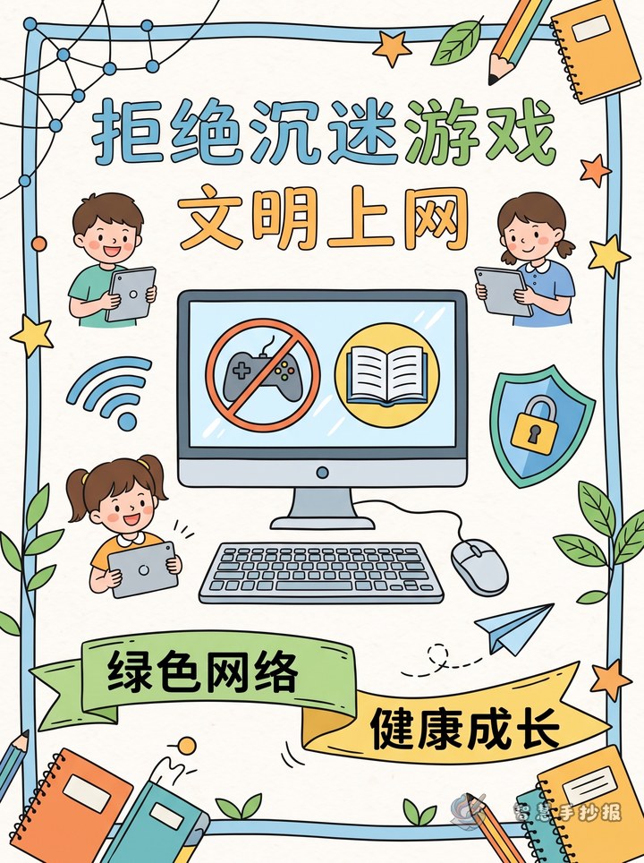 拒绝沉迷游戏文明上网手抄报怎么写 - 网络安全文明上网手抄报手抄报封面