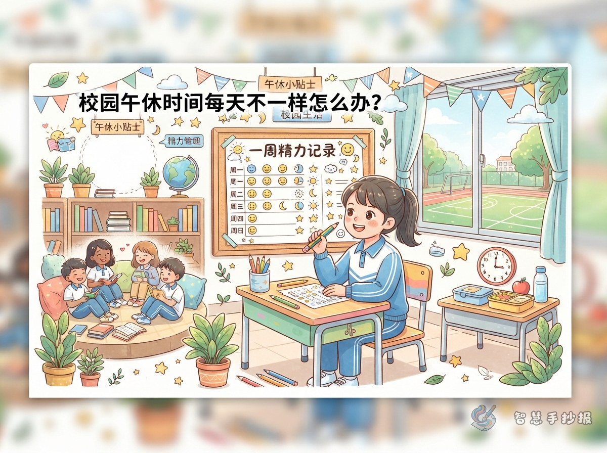 校园午休时间每天不一样怎么办？画一份一周精力记录手抄报 - 智慧手抄报专题封面图