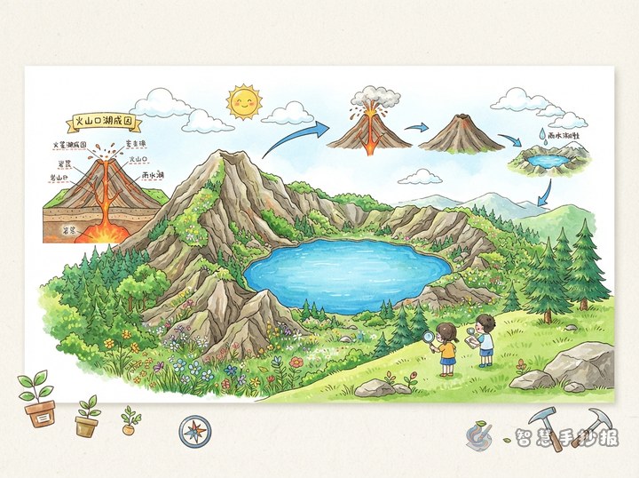 火山口湖是怎么形成的手抄报怎么画 - 火山地貌与岩石矿物手抄报系列作品预览