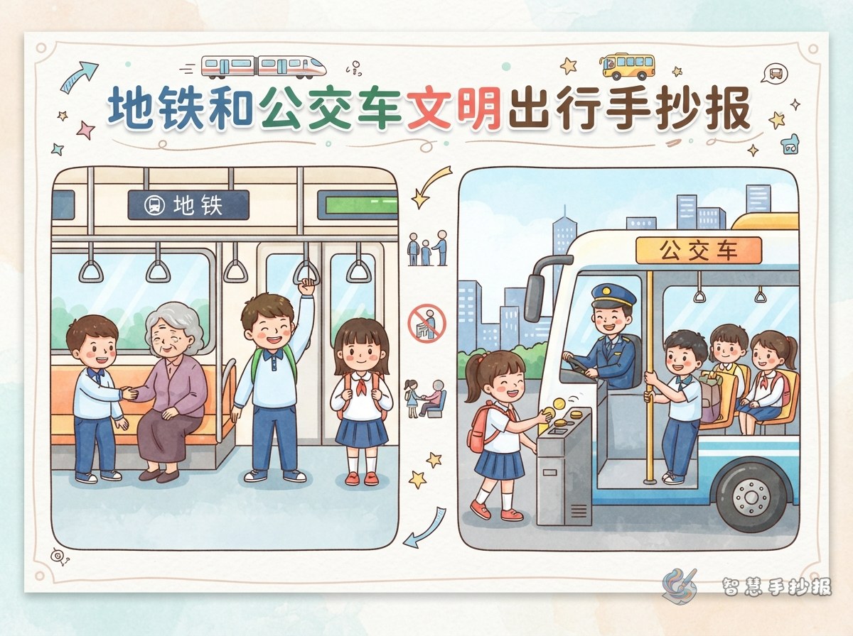 地铁和公交车文明出行手抄报怎么画：两个场景放一张纸 - 智慧手抄报专题封面图