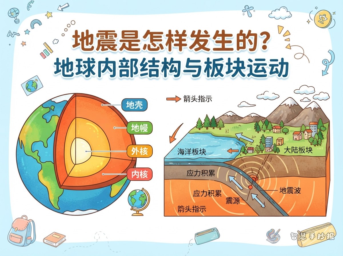 地震是怎样发生的？地球内部结构与板块运动手抄报 - 智慧手抄报专题封面图