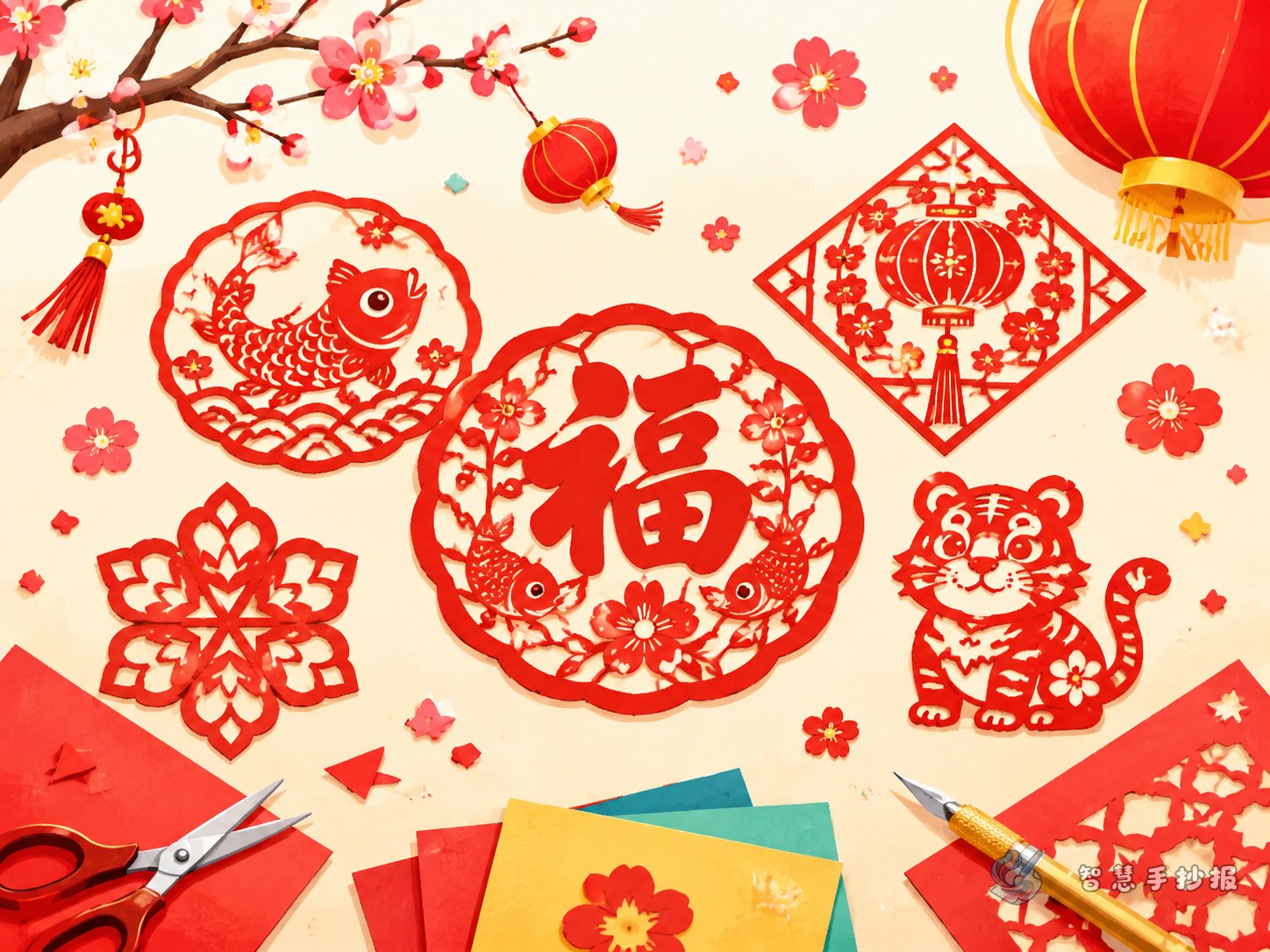 春节窗花剪纸手抄报可以写哪些吉祥图案和制作步骤 - 智慧手抄报专题封面图