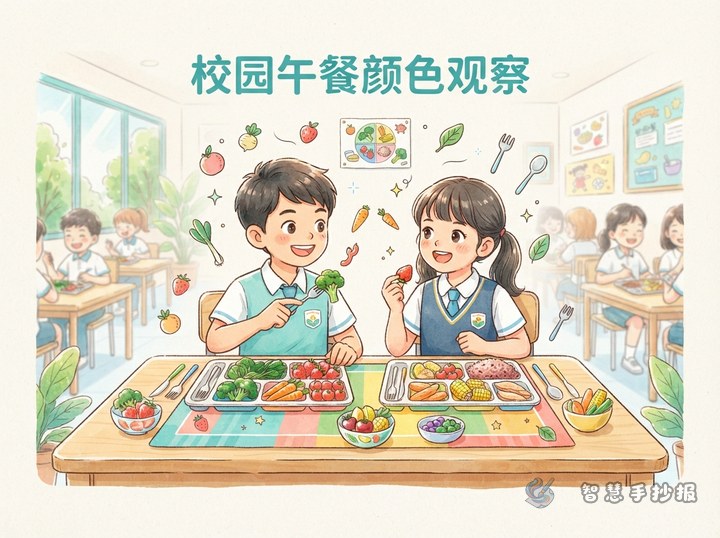 校园午餐颜色观察手抄报怎么画更有趣 - 校园午餐营养与饮食搭配手抄报系列作品预览