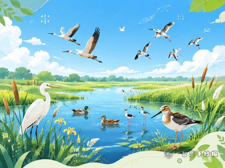 湿地是候鸟的加油站手抄报怎么画怎么写 - 湿地生态与候鸟保护手抄报系列作品预览
