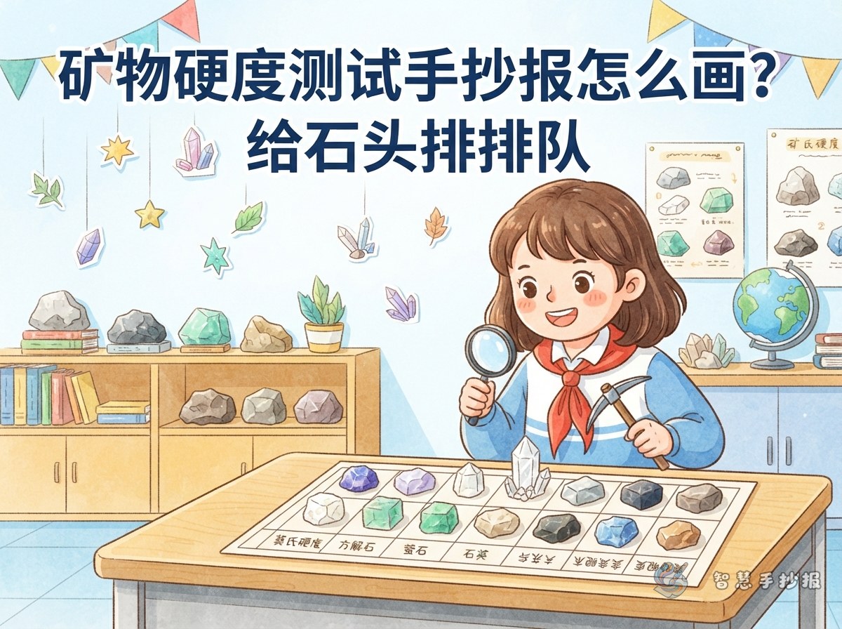 矿物硬度测试手抄报怎么画？给石头排排队 - 智慧手抄报专题封面图