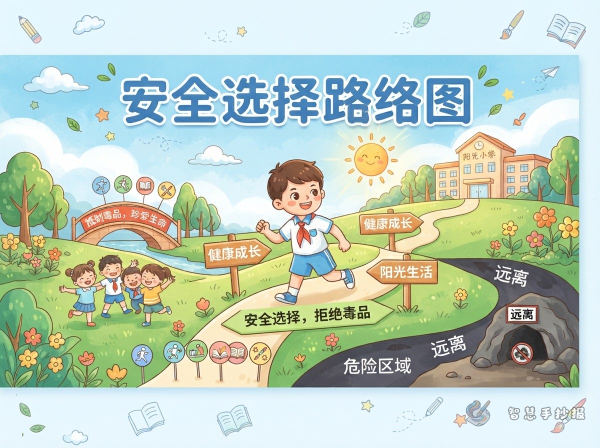 禁毒宣传教育手抄报怎么画安全选择路线图 - 智慧手抄报专题封面图