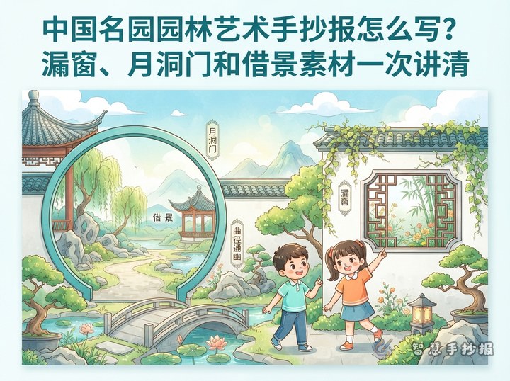 How to Make a Chinese Garden Art Handwritten Newspaper: Window Lattice, Moon Gate and Borrowed Scenery - Preview of Chinese Famous Gardens and Landscape Art Handwritten Newspaper series