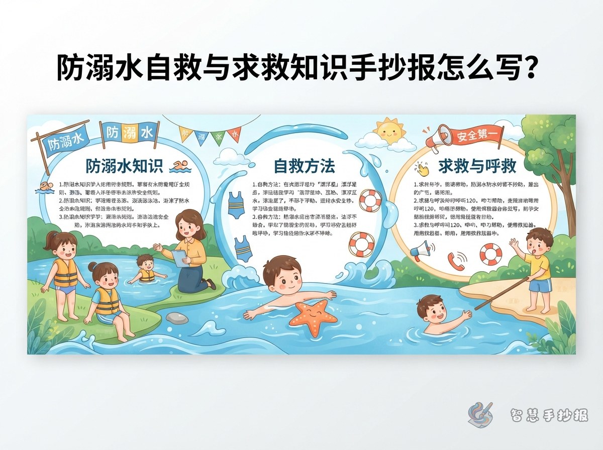 防溺水自救与求救知识手抄报怎么写？三栏内容和插图一次讲清 - 智慧手抄报专题封面图