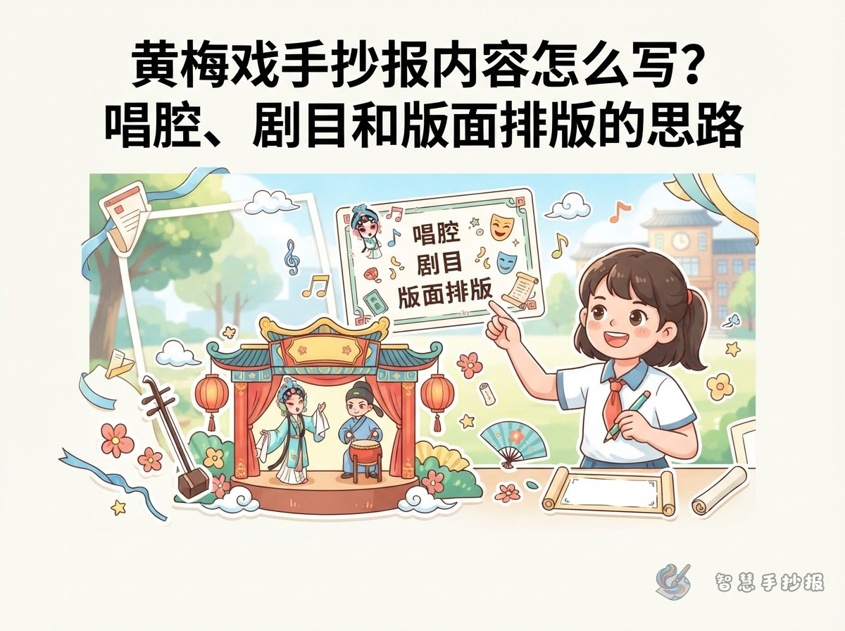 黄梅戏手抄报内容怎么写？唱腔、剧目和版面排版的思路 - 智慧手抄报专题封面图