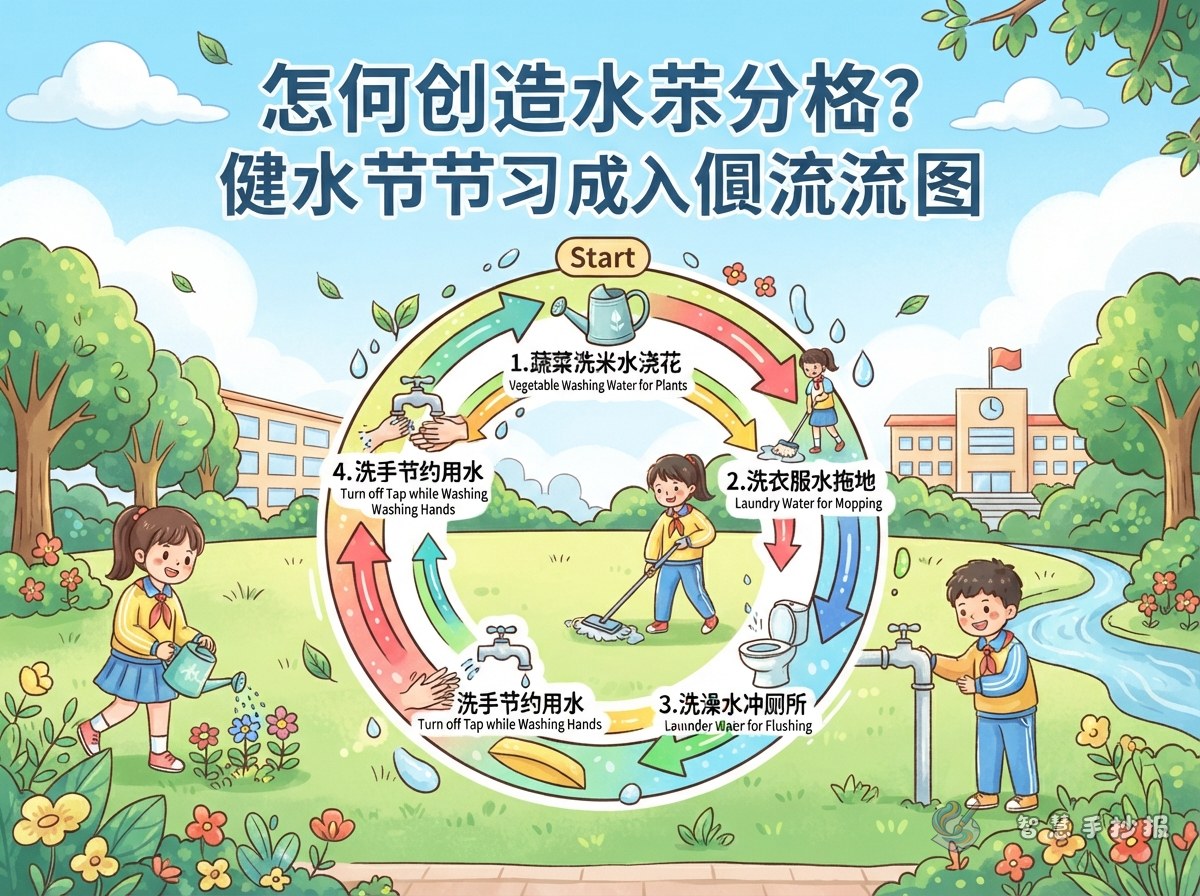 一水多用节水手抄报怎么画？把省水妙招做成循环路线图 - 智慧手抄报专题封面图