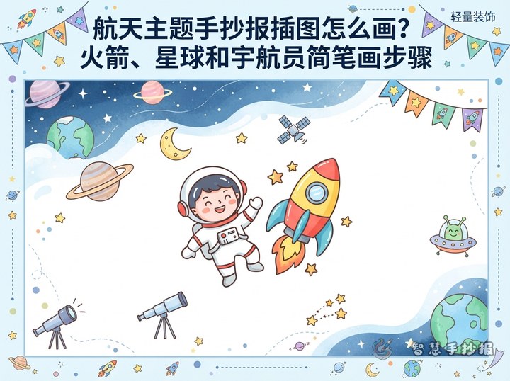 航天主题手抄报插图怎么画？火箭、星球和宇航员简笔画步骤 - 相关内容封面