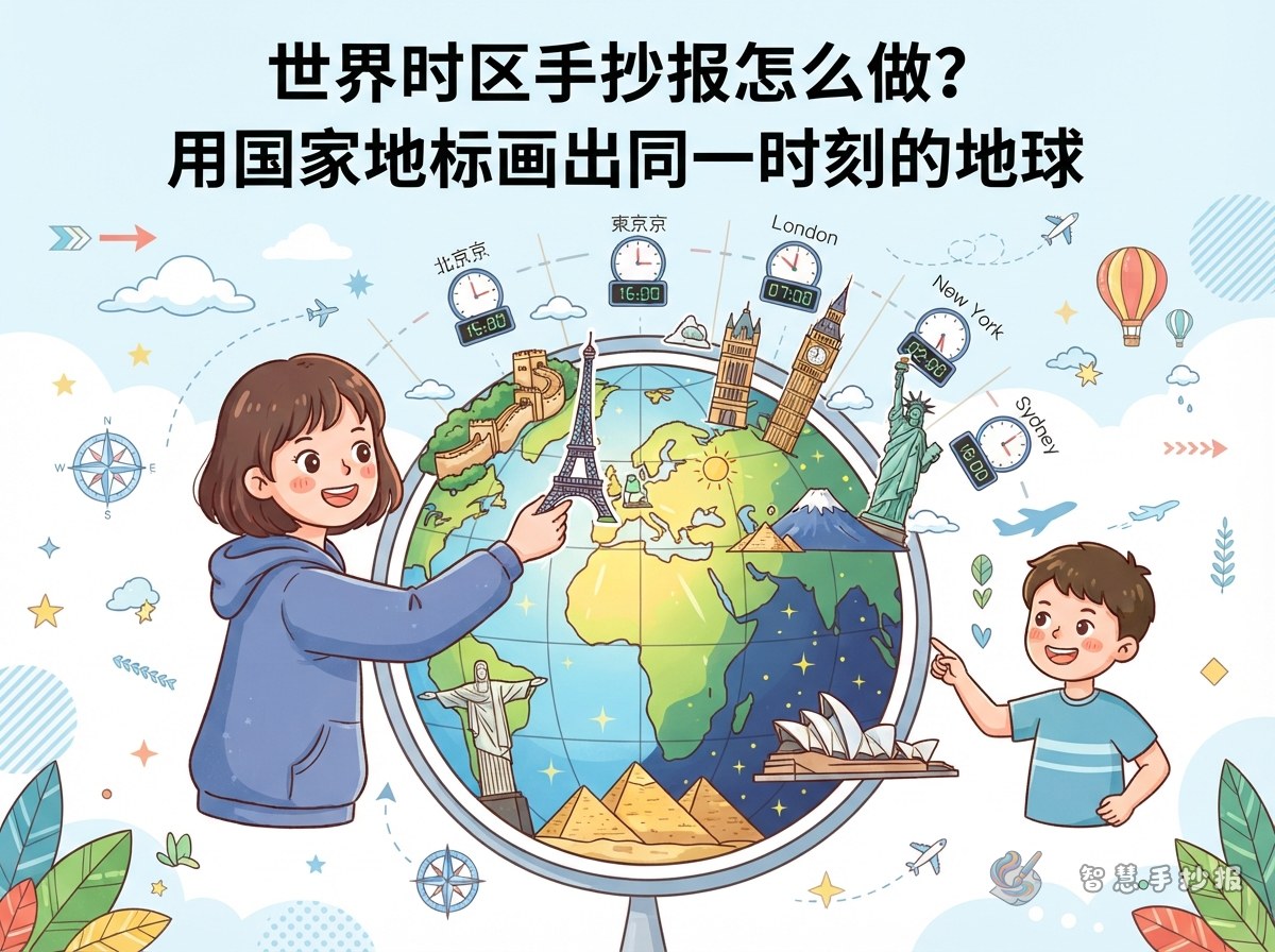 世界时区手抄报怎么做？用国家地标画出同一时刻的地球 - 智慧手抄报专题封面图