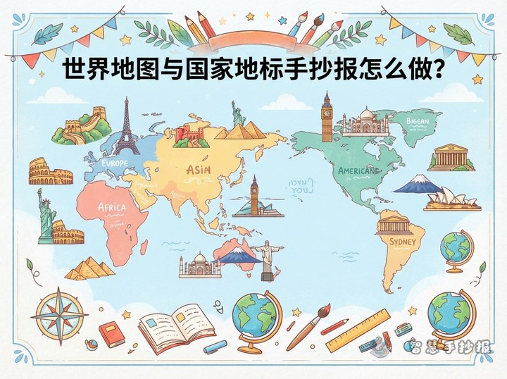 世界之最地标手抄报怎么做？世界地图与国家地标素材排版 - 相关内容封面