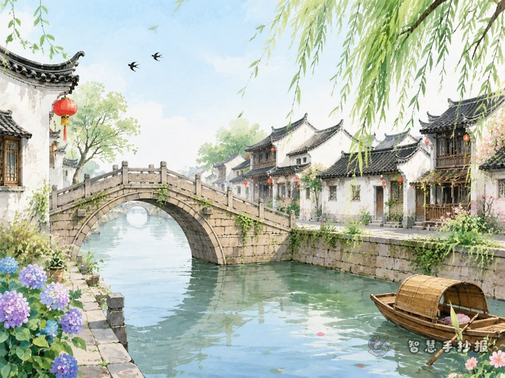 How can I design a Jiangnan water town handwritten newspaper with a true bridge-and-stream feeling? - Related topic thumbnail