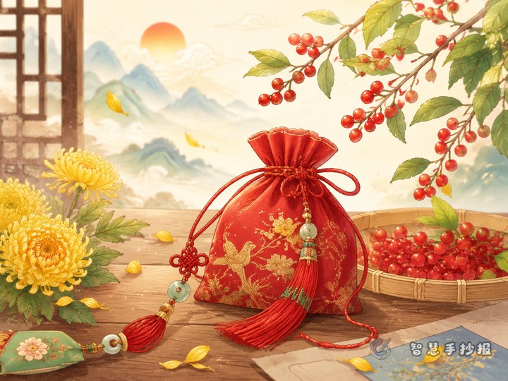 How to Make a Double Ninth Festival Cornelian Cherry Sachet Poster - Preview of Traditional Festival Objects and Folk Items Handwritten Newspaper series
