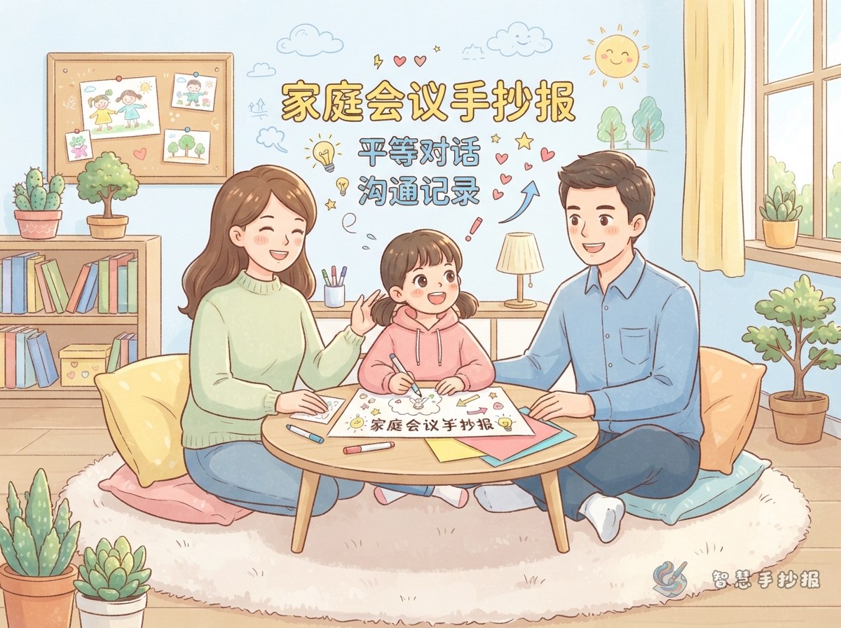 家庭会议主题手抄报怎么画？记录一次平等对话 - 智慧手抄报专题封面图