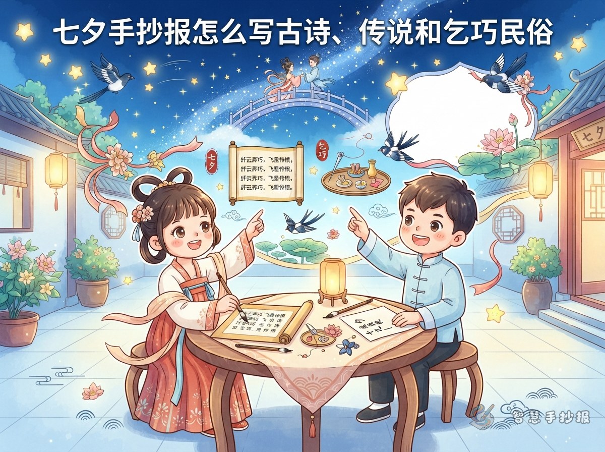 How to Make a Qixi Handwritten Newspaper with Poems and Customs - Poster topic cover image