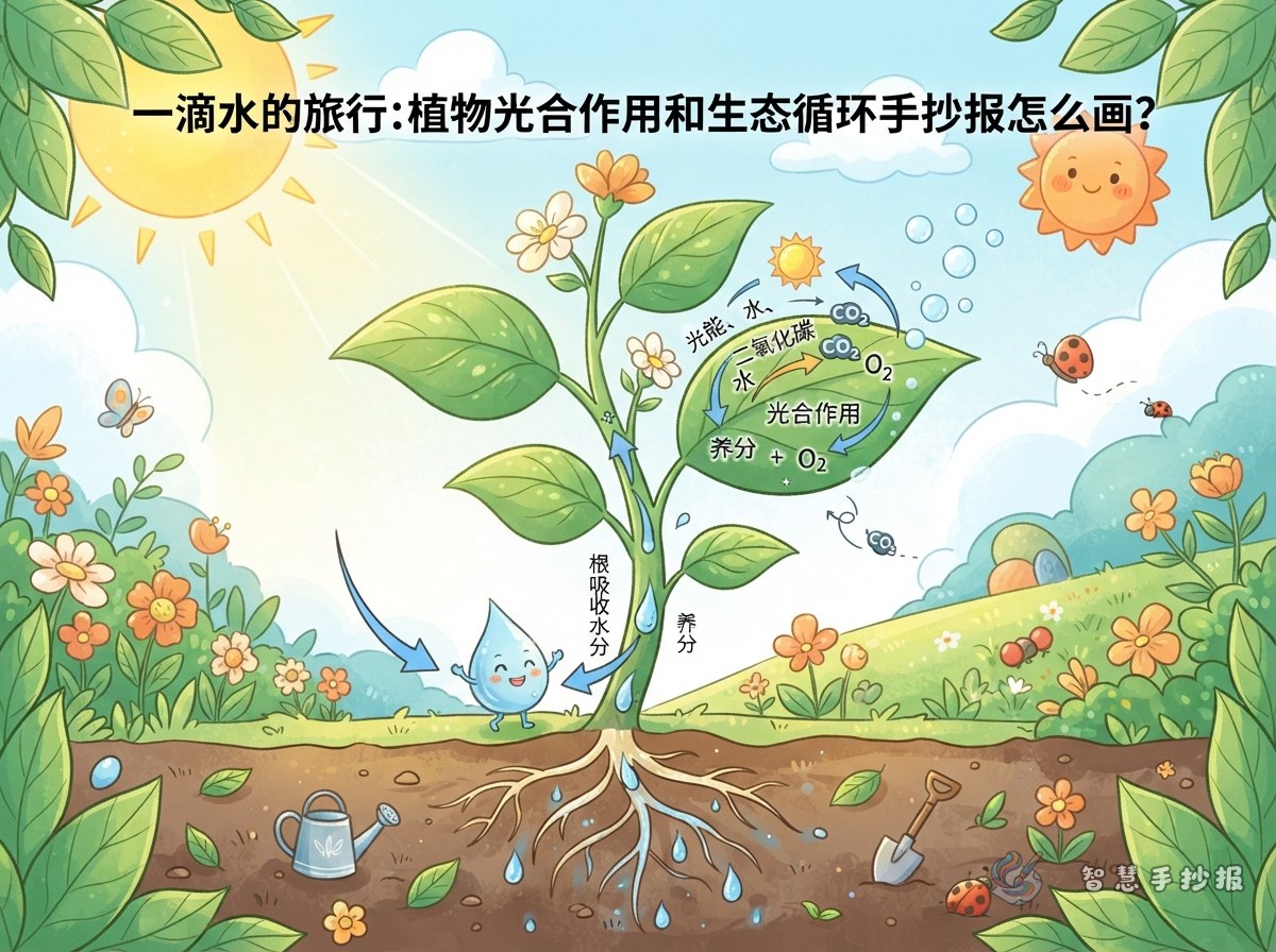 一滴水的旅行：植物光合作用和生态循环手抄报怎么画？ - 智慧手抄报专题封面图