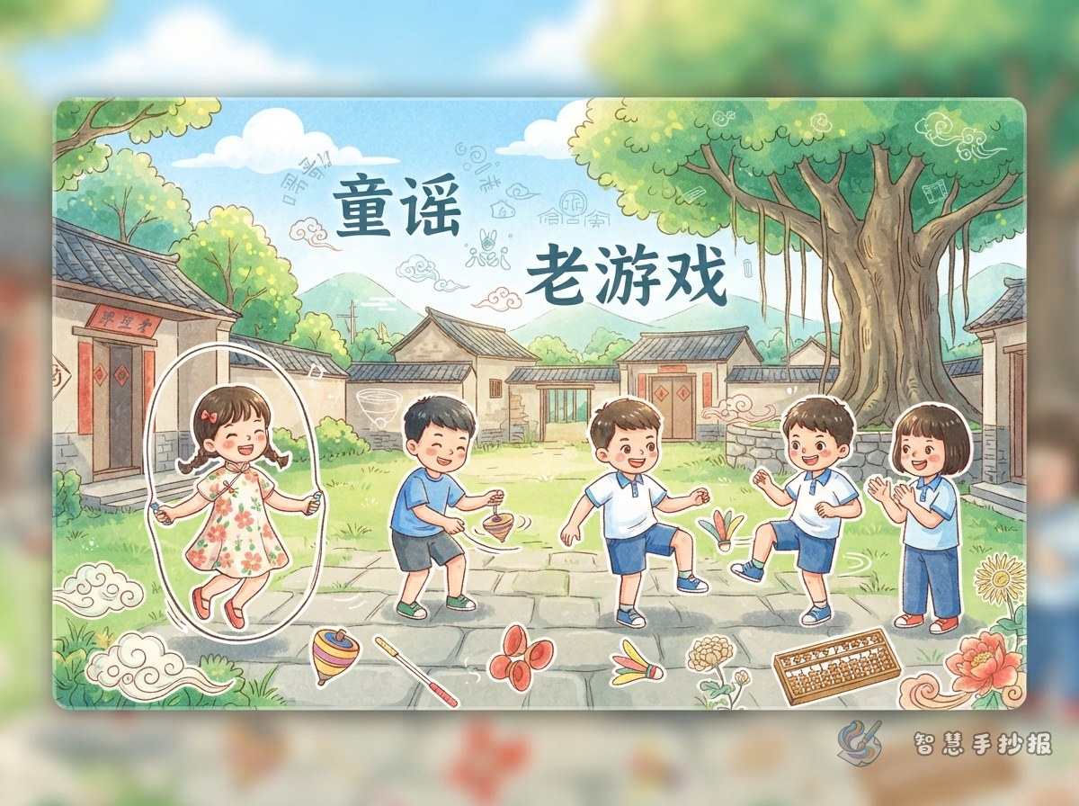 家乡童谣和老游戏手抄报怎么写？素材和版面点子 - 智慧手抄报专题封面图