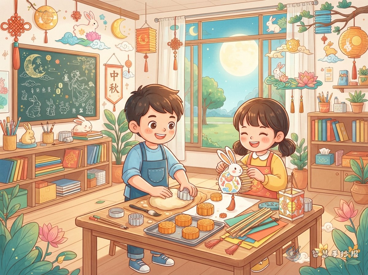 中秋节做月饼和扎花灯手抄报怎么写 - 智慧手抄报专题封面图