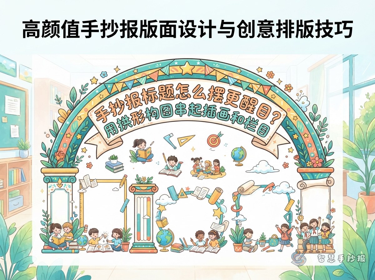 手抄报标题怎么摆更醒目？用拱形构图串起插画和栏目 - 智慧手抄报专题封面图