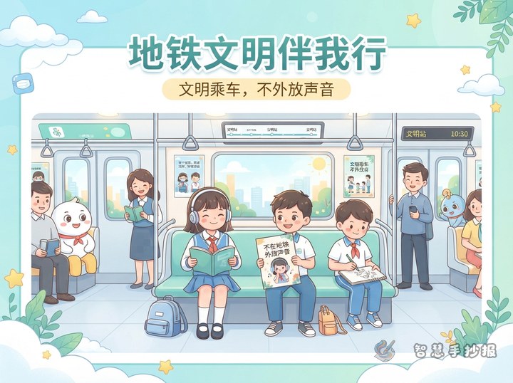 地铁里不外放声音手抄报怎么画 - 地铁文明与公共出行手抄报系列作品预览