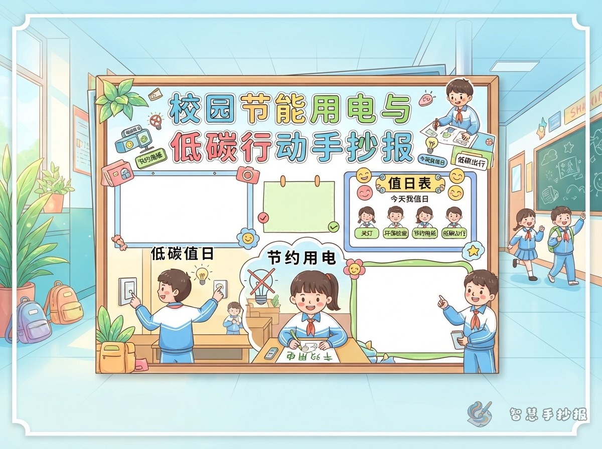 校园节电手抄报怎么设计&ldquo;低碳值日表&rdquo; - 智慧手抄报专题封面图
