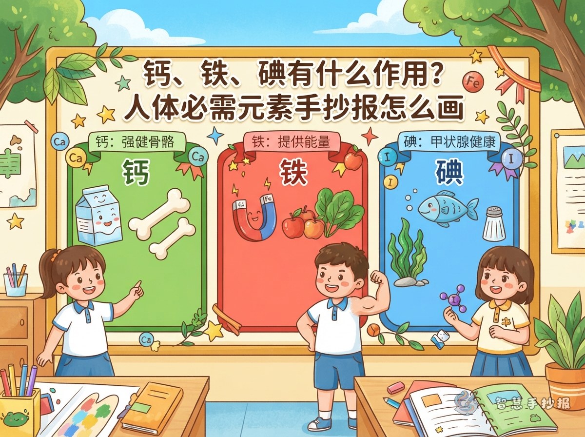 钙、铁、碘有什么作用？人体必需元素手抄报怎么画 - 智慧手抄报专题封面图