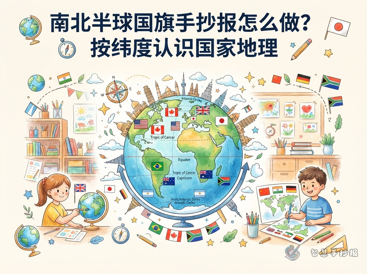 南北半球国旗手抄报怎么做？按纬度认识国家地理 - 智慧手抄报专题封面图