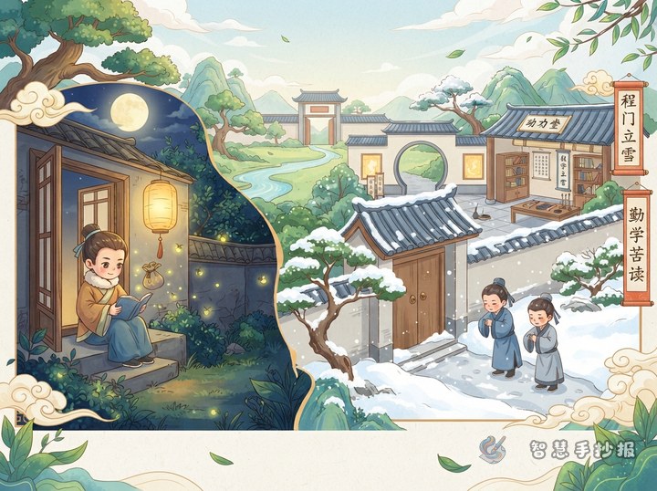 古人勤学典故手抄报怎么排版？囊萤映雪、程门立雪都能写进去 - 相关内容封面