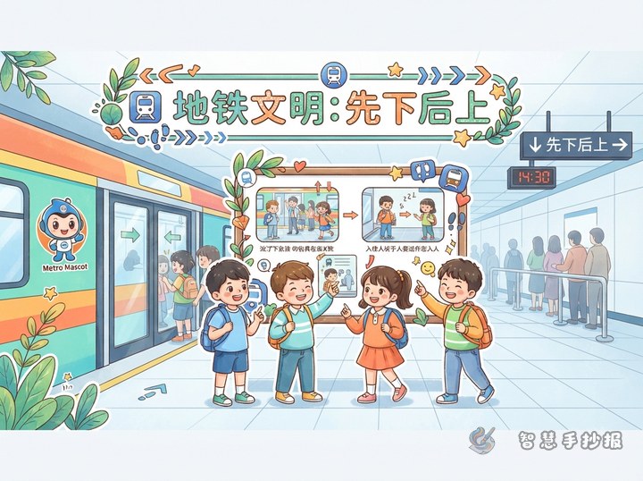 地铁先下后上手抄报怎么画才清楚 - 智慧手抄报线稿作品