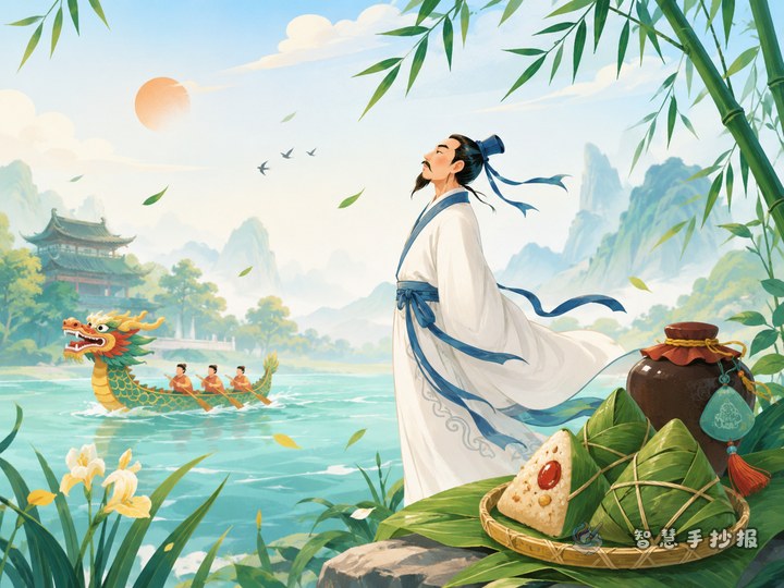 How can a Dragon Boat Festival Qu Yuan story poster feel more like a folk tale? - Sketch cover for Traditional Festival Folk Stories Handwritten Newspaper
