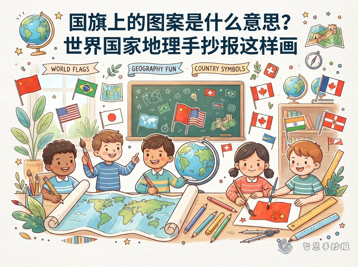 国旗上的图案是什么意思？世界国家地理手抄报这样画 - 智慧手抄报专题封面图