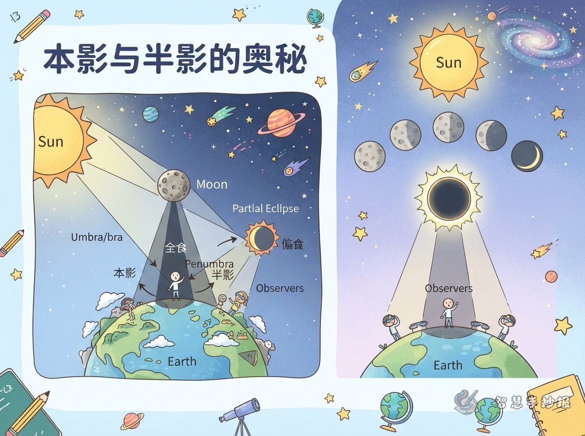 为什么同一天有人看到日全食，有人只看到日偏食？本影半影手抄报怎么画 - 智慧手抄报专题封面图