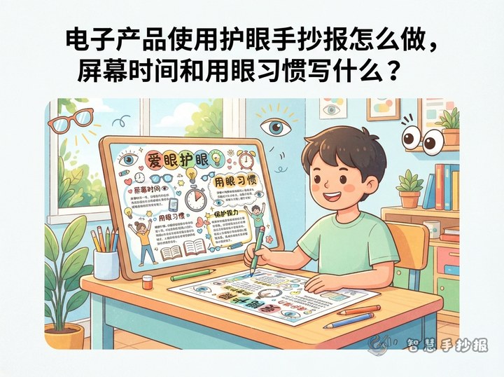 电子产品使用护眼手抄报怎么做，屏幕时间和用眼习惯写什么？ - 爱眼护眼视力健康手抄报系列作品预览