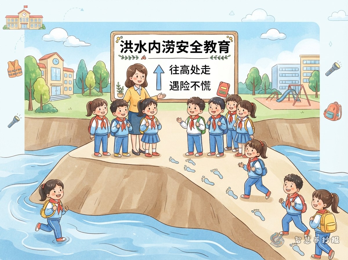 洪水内涝预警手抄报写什么，怎么让孩子记住往高处走 - 智慧手抄报专题封面图