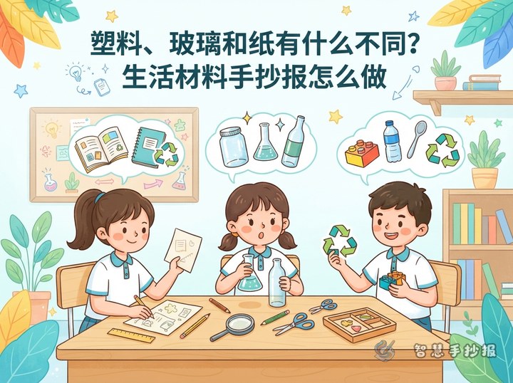 塑料、玻璃和纸有什么不同？生活材料手抄报怎么做 - 相关内容封面