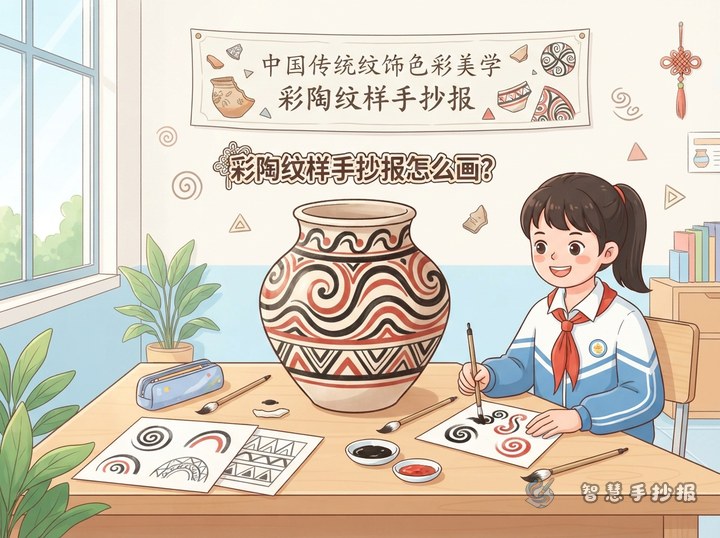 彩陶纹样手抄报怎么画？黑红配色和旋涡纹画法 - 相关内容封面